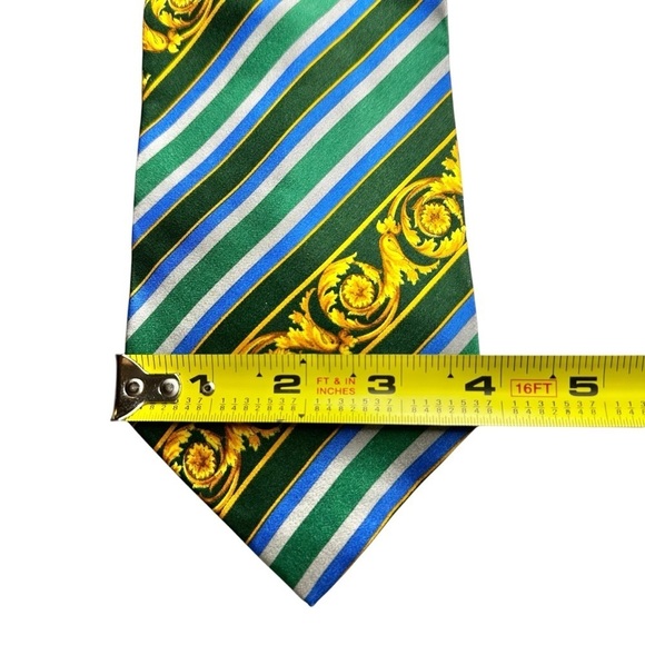 Authentic VERSACE 100% Silk Gold Blue & Green Scroll Stripe Men’s Neck Tie - Picture 7 of 8